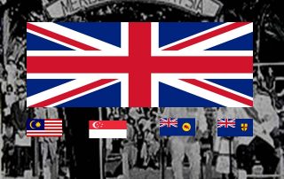 Historical photo of North Borneo Independence at Jesselton Town Padang in 1963 with Donald Stephens, Datu Mustapha, and a British Judge. Features the British flag alongside flags of Malaysia, Singapore, North Borneo, and Sarawak.