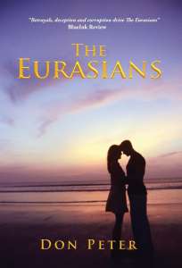 Book cover of The Eurasians by Don Peter, featuring a silhouetted couple embracing at sunset along the coast.