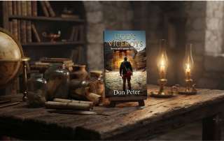 The book GOD’S VICEROYS by Don Peter sits on a wooden display stand upon a rustic table. Set against an atmospheric scholar's study, the scene features ancient scrolls, vintage glass jars, a antique globe, and glowing candles illuminating the book's cover, which depicts an explorer standing before the ancient rock architecture of Petra.