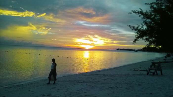 Scenic view of Mantanani Island in Sabah, Borneo, capturing a golden sunset over calm ocean waters, a peaceful sandy shoreline, and coastal trees at dusk.