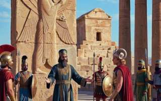 Cinematic depiction of Cyrus the Great welcoming Alexander the Great at Pasargadae. Cyrus stands before his four-winged relief with two horizontal horns, while Alexander wears the two-horned ram crown of Ammon. A comparison of the two historical candidates for Dhul-Qarnayn.