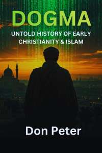 Official book cover image for "DOGMA: Untold History of Early Christianity & Islam" written by Don Peter. The design features a dramatic silhouette of a turbaned traveler overlooking a historical skyline with mosque domes at sunset, blended with falling green digital code streams that signify a hidden matrix of history, research, and time-travel themes.