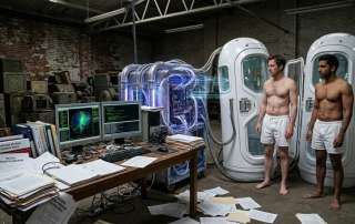 In a dimly lit, rundown warehouse, two scientists—one Caucasian and one South Asian—stand in white shorts next to two sleek, white, futuristic neuro-synaptic pods. Between them sits a large, glowing VRS machine with complex wiring, while the foreground shows a wooden desk cluttered with messy research papers, folders labeled '7th Century Mu’min Movement,' and computer monitors displaying brain scans.