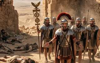 Roman soldiers breaching Masada fortress find only a few bodies, challenging the Josephus suicide narrative and suggesting a secret escape.