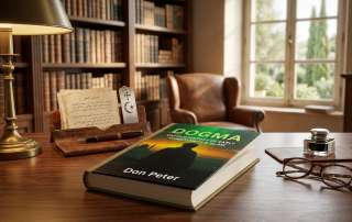 A photographic high-resolution display of the book DOGMA: Untold History of Early Christianity and Islam by Don Peter, resting on a classic wooden study desk with vintage glasses, an inkwell, and a library of old books in the background.
