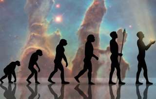 A vertical conceptual image showing the silhouette of human evolution from early primates to Homo sapiens, set against the ethereal background of the "Pillars of Creation" nebula. The final human figure stands tall, looking upward and cupping a glow of light in his hands, representing the transition from biological evolution to the divinely appointed Adamic Viceroy. The entire scene is reflected on a dark, polished surface below.