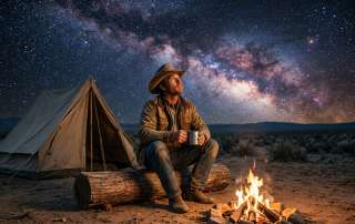 A rugged man in cowboy attire sitting by a campfire at night, looking up at the Milky Way galaxy as he ponders the question: Did God Exist?
