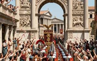 A triumphant Roman legion led by a centurion on horseback marching through a grand triumphal arch in ancient Rome, symbolizing the Roman Resurrection Prophecy and the return of the empire.