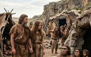 A photographic style image of a biblical-looking Adam and Eve in brown animal hides walking into a primitive hominid cave village. The hominids, appearing like Homo erectus with prominent brow ridges and wild hair, look on with expressions of shock and awe.