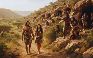 The Arrival of the Viceroy: An artistic depiction of the stark contrast between early biological hominids living in cave settlements and the emergence of modern Adamic humans equipped with higher intellect, self-awareness, and moral consciousness.