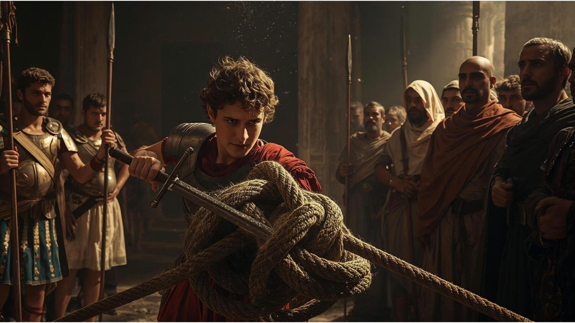 Historical illustration of Alexander the Great cutting the Gordian Knot with his sword, surrounded by Macedonian soldiers and defeated priests in an ancient temple setting.