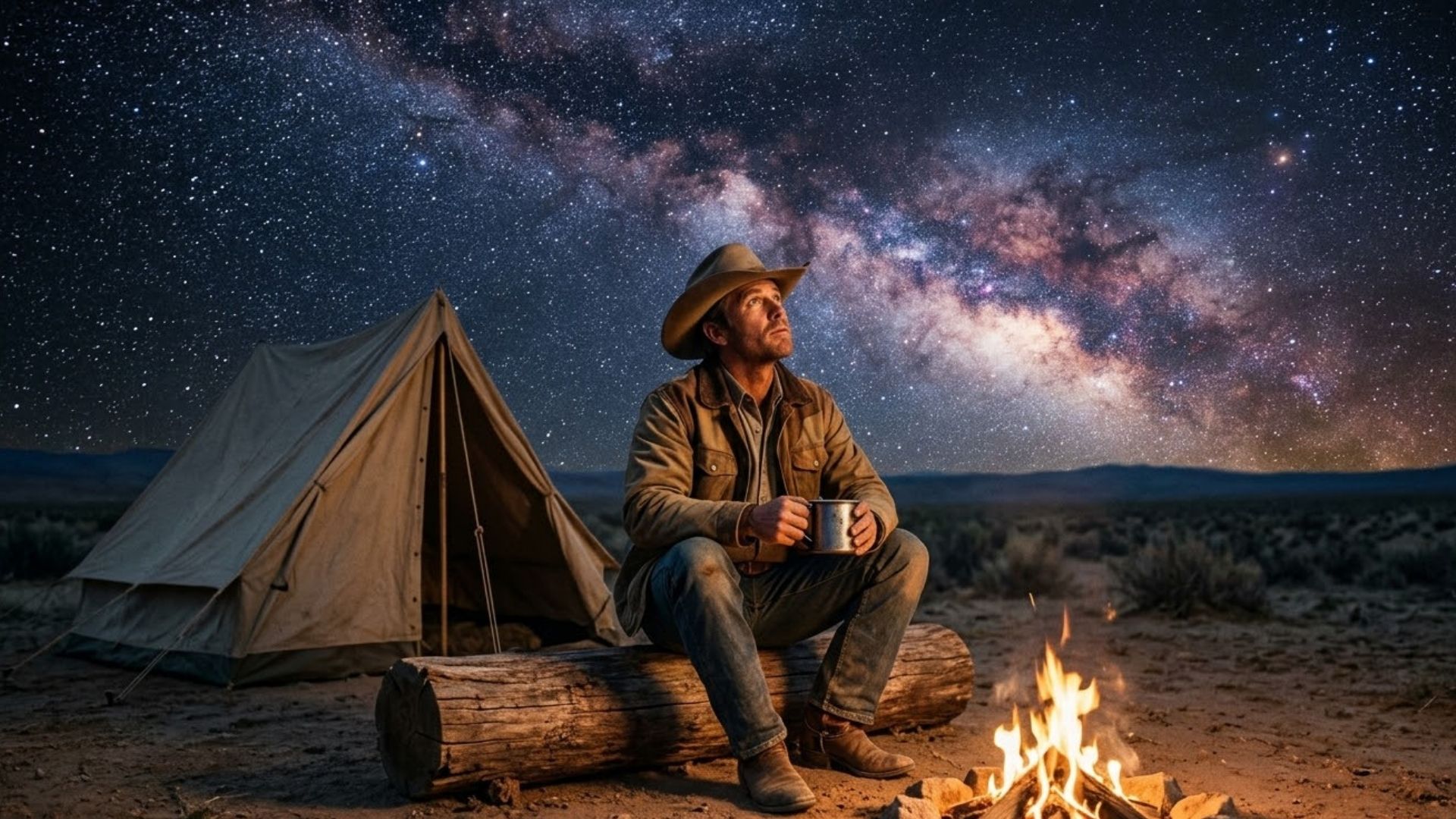A lone man in a cowboy outfit sitting by a campfire in a vast, quiet desert, looking up in awe at the brilliant Milky Way galaxy stretching across the night sky.