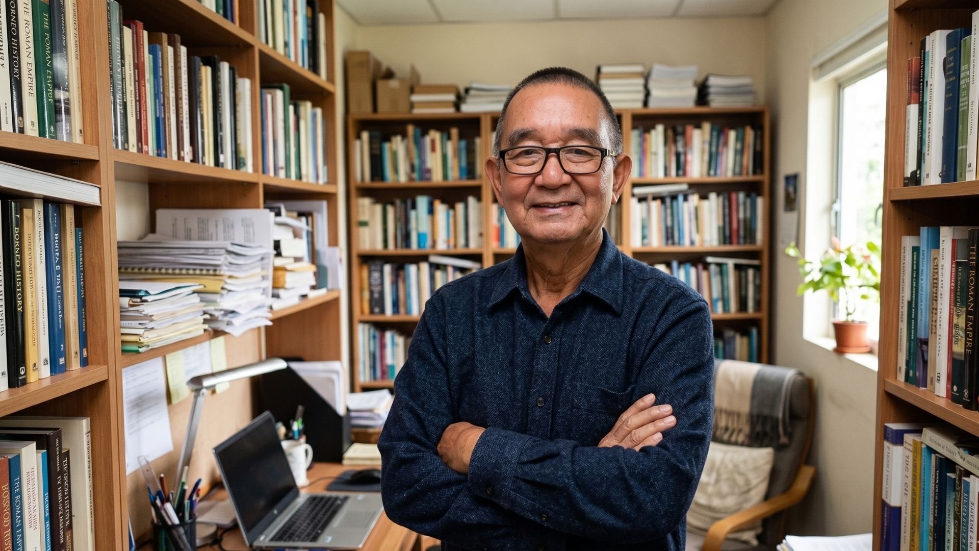 Author Don Peter standing with arms crossed in a scholarly home library. He is wearing glasses and a dark textured shirt, smiling confidently. Behind him are floor-to-ceiling bookshelves filled with historical texts, research manuscripts, and academic volumes on Middle Eastern history and the Roman Empire.