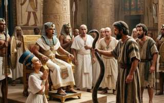 A detailed photographic depiction of the dramatic encounter between Moses and Pharaoh in a grand Egyptian palace hall. In the center foreground, on a decorated mosaic floor, Moses (in worn Jewish peasant attire, holding a staff) stands face-to-face with a massive dark serpent he has summoned. Behind Moses, three bald Egyptian witchdoctors in traditional linen vestments grovel and fall flat on their faces on the floor, surrounded by their defeated illusionary snakes. To the right, Pharaoh is seated on an ornate golden throne on a raised dais, recoiling in utter shock and disbelief at the serpent. Next to the throne, Queen Nefertiti is on her knees on the stone floor, her hands clasped, looking upward toward a high skylord with a profound expression of awe and spiritual revelation as she witnesses the miracle. Surrounding the dais and background, a large crowd of bald palace priests and Egyptian officials look on with diverse expressions of fear and astonishment. In the distance, Egyptian guards with spears stand at attention. The palace hall features massive carved sandstone columns with hieroglyphs and wall reliefs of Egyptian deities, all illuminated by dramatic shafts of sunlight. The image is rendered in a realistic, cinematic style with a vertical 9:16 aspect ratio.