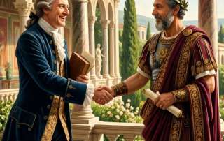 The image captures a high-contrast intellectual meeting between two eras of reason. On the left, Sir Isaac Newton stands in his traditional 18th-century "Age of Enlightenment" attire: a deep cerulean blue velvet frock coat with ornate gold embroidery, a crisp white cravat, and buckled shoes. He holds a leather-bound book, his face glowing with a wide, genuine smile of admiration. On the right, Emperor Marcus Aurelius represents the "Stoic Viceroy." He wears a rich, deep burgundy Roman toga draped over silver and gold-accented lorica (armor), crowned with a simple green laurel wreath. He holds a parchment scroll, extending a firm, respectful handshake to Newton. They stand on a polished marble loggia of a lush Roman Palace. The background reveals the Elysium Gardens, a breathtaking landscape featuring symmetrical water fountains, manicured cypress trees, and a distant white marble temple under a clear, golden-hour sky. The atmosphere is one of profound mutual respect and rational harmony.