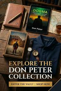A high-quality lifestyle graphic showcasing the Don Peter brand ecosystem, including historical fiction novels and the Etsy-Printify apparel collection.