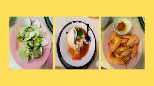 A three-panel photo collage featuring stir-fried clams, soy sauce-steamed fish, and boiled prawns with dipping sauce against a yellow background.