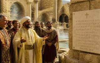 Umayyad Caliph Mu'awiya officiating the opening of the Hammat Gader Roman bathhouse alongside Byzantine Christian officials next to a Greek marble inscription bearing a cross.