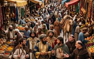 This vibrant scene captures the historical intersection of cultures in early Islamic Jerusalem. An Umayyad Caliph engages directly with European Christian pilgrims and monks amidst the lively chaos of a city market. The architecture of the Dome of the Rock towers in the distance, symbolizing a period where diverse religious groups traversed the same ancient stones. It perfectly illustrates the complex, interwoven history of the region during the early Middle Ages.