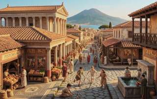 A vivid recreation of daily life along a sun-soaked street in ancient Herculaneum, with Mount Vesuvius standing peacefully in the distance.