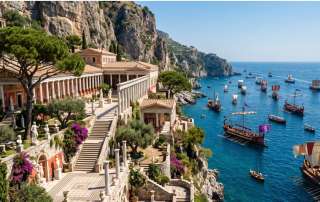 Historically accurate 1st-century CE reconstruction of a luxurious Roman maritime villa on the cliffside Amalfi Coast overlooking ancient galleys.