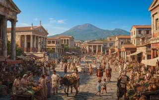 A detailed historical depiction of daily life, bustling street markets, and classical architecture in ancient Pompeii, with Mount Vesuvius looming quietly in the background prior to its catastrophic eruption in 79 AD.