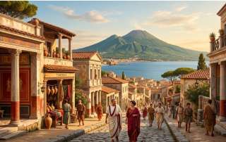 Historical illustration depicting 1st-century Roman architecture, classic stone-paved streets, frescoed villa walls, and traditional taberna shops along the coast of the Bay of Naples. Created as the primary header featured image for the Naples to Pompeii day trip travel guide by Don Peter.