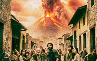 Dramatic cinematic illustration of ancient Roman citizens on the streets of Pompeii watching the 79 AD eruption of Mount Vesuvius with massive volcanic ash clouds and flowing lava.
