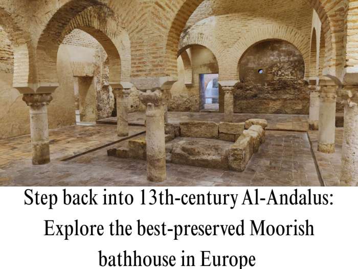 Photograph of the interior vaults, horseshoe arches, and stone columns inside the historic 13th-century Arab Baths (Baños Árabes) in Ronda, Spain.
