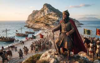 Digital painting depicting 8th-century Umayyad commander Tariq ibn Ziyad standing on a rocky outcrop overlooking the shore and limestone cliffs of Gibraltar as ships and soldiers land on the beach.