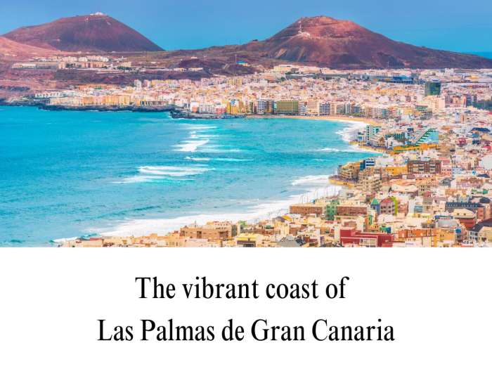A scenic overview of Las Palmas de Gran Canaria showing the curving shoreline of Las Canteras beach and volcanic hills, featured in a historic Gran Canaria road trip guide.