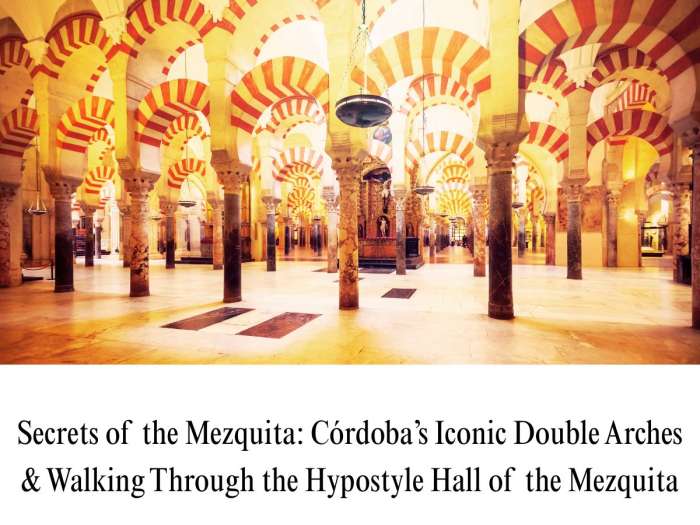 High-resolution interior photograph capturing the famous hypostyle hall of the Mosque-Cathedral of Córdoba (Mezquita). Displays rows of two-tiered red and white Voussoir horseshoe arches, marble columns, tiled floors, hanging lantern chandeliers, and a gilded altar in the background.