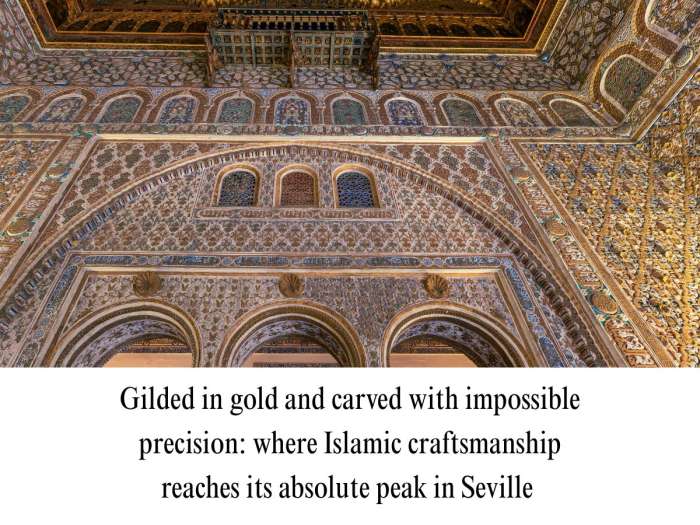 High-angle photograph detailing the intricate carved plasterwork, tilework, and archways of the Salón de Embajadores in the Royal Alcázar of Seville, Spain.