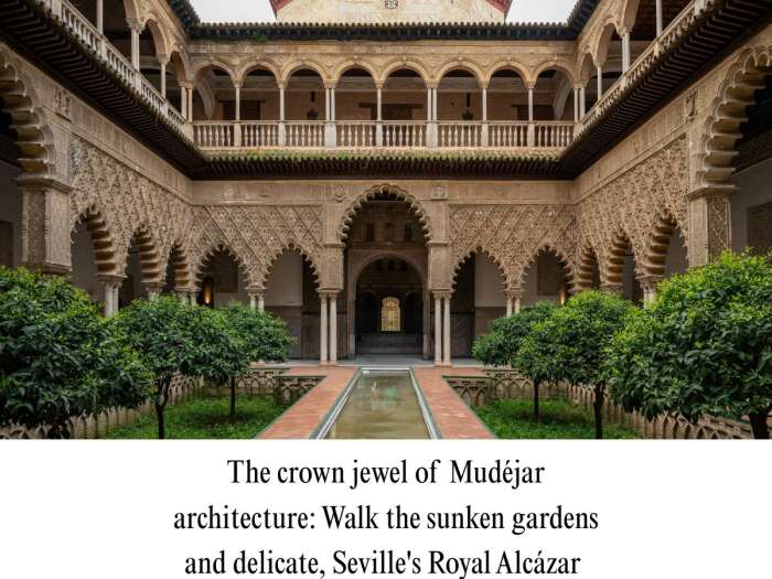 High-resolution photograph of the Patio de las Doncellas in the Royal Alcázar of Seville, highlighting its central reflecting pool, sunken orange tree beds, and multi-lobed arches.