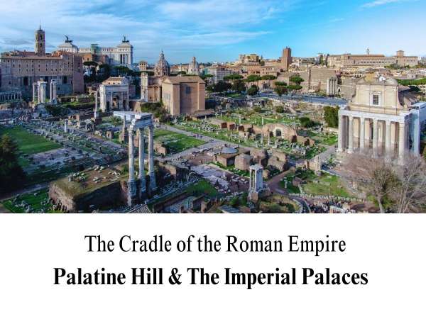 A wide-angle, elevated photograph capturing the sprawling archaeological ruins of the Roman Forum. The image showcases a complex network of standing stone pillars, crumbling brick structures, and ancient pathways interspersed with patches of green lawn. In the distant background, the historic architecture of Rome stands against a bright sky with soft clouds. The lower portion of the graphic features a clean white block containing the custom title text: "The Cradle of the Roman Empire" in a thin serif font, and "Palatine Hill & The Imperial Palaces" in bold.