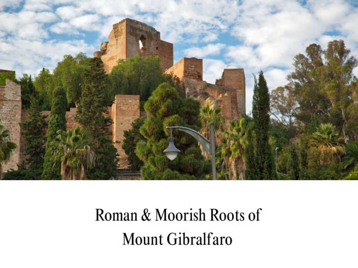 Photograph showing the outer defensive walls, brick towers, and surrounding Mediterranean trees of the historic Alcazaba citadel on Mount Gibralfaro, Málaga, Spain.