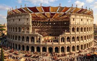An intricate, vintage-style architectural infographic illustration of the Roman Colosseum's complex awning system, titled 'VELARIUM OPERANDI: THE ROMAN AWNING SYSTEM'. The image shows a cutaway view of the stadium with a multi-colored textile canopy, masts, and dense rigging covering the packed seating bowl. Annotations in Latin and English label the components: 'MALUS SUPPORT (MAST)', 'VELA (SAILS/CANVAS)', 'FUNES AC RETES (ROPES & NETTING)', and 'HARENA ET CAVEA (ARENA & SEATING)'. Additional text boxes detail Construction Techniques and the system's History, set against a backdrop of ancient Rome with temples labeled 'TEMPLUM IUPITER'. The style is a sepia-toned engraving.