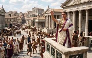 A realistic, photographic depiction of Emperor Caesar Augustus addressing the public from an elevated stone rostrum in ancient Rome. He is dressed in a traditional white toga with a rich purple border and ornate gold breastplate, his right hand raised in a commanding yet familiar gesture. Directly behind him stands the grand classical architecture of the Roman Senate, inscribed with "CURIA IULIA". In the sunlit stone plaza below, Roman citizens, merchants, and laborers go about their daily routines amidst market stalls, horse-drawn carts, and distant temples under a partly cloudy sky.