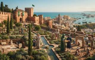 Artistic historical rendering depicting daily life in the hilltop gardens of the Alcazaba of Málaga, showcasing Moorish architecture, stone ramparts, courtyard water channels, and a panoramic view of the port of Málaga and the Mediterranean coast.