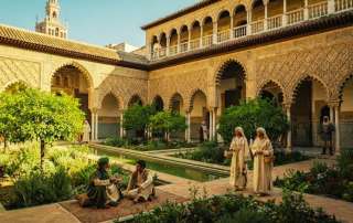 Artistic concept illustration depicting life in a historical palace courtyard modeled after the Royal Alcázar of Seville, showcasing classic Mudéjar architecture, carved archways, courtyard garden pools, and the Giralda bell tower in the background.