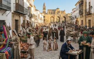 This featured image illustrates the social complexity discussed in the pillar post 'From the Ashes of Rome to Spain's Al-Andalus'. It captures a busy market scene in Islamic Spain (Al-Andalus), showing Christians, Muslims, and Jews interacting, with the iconic architecture of Córdoba serving as the backdrop. Ideal for visualizing the diverse, intellectual atmosphere that influenced European history.