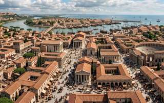 A sweeping, high-angle cinematic landscape reconstruction of Ostia Antica, Rome's ancient harbor city, at its economic peak. This featured image captures the complex urban architecture, public forum spaces, Roman theater, and bustling maritime docks lining the Tiber river mouth and coastline, perfectly anchoring an architectural and travel-planning deep dive.