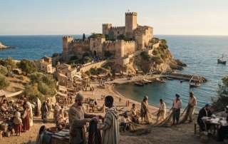 Atmospheric historical artwork showing a medieval depiction of Tamarit Castle (Castell de Tamarit) overlooking the Mediterranean Sea and a busy coastal cove in Catalonia, Spain.
