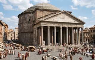 A wide, cinematic landscape reconstruction of the Pantheon in Rome at the height of the empire. This featured image serves as the primary visual anchor for the architectural deep-dive guide, showcasing the classic portico inscription, the scale of the outer concrete structure, and the bustling public life surrounding the ancient monument.