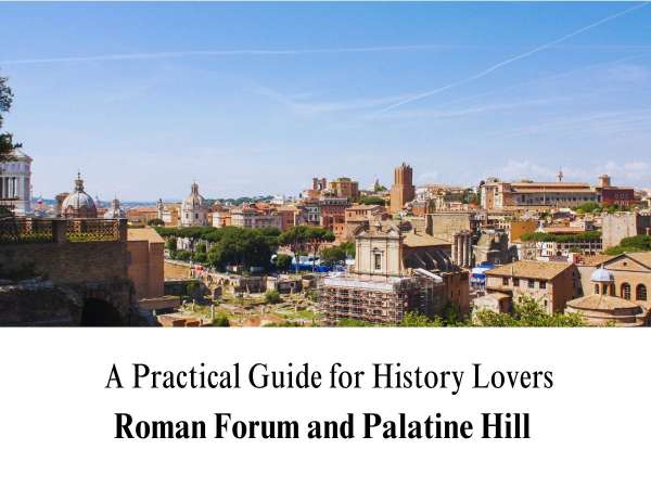 A wide-angle, sunny daytime photograph capturing the sprawling ruins of the Roman Forum, blending seamlessly into the surrounding historic cityscape of Rome. The image highlights ancient stone structures, prominent church domes, and dense green trees stretching across the horizon under a vast blue sky with light wispy clouds. The lower portion of the graphic features a clean white block containing the custom title text: "A Practical Guide for History Lovers" in a thin serif font, and "Roman Forum and Palatine Hill" in bold.