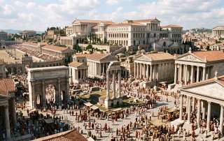 High-resolution historical reconstruction of the ancient Roman Forum and Palatine Hill complex with temples, arches, and crowds.