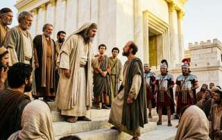 James the Just confronting Paul on the Temple steps in Jerusalem surrounded by Jewish elders and Roman guards