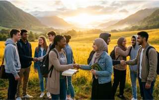 A diverse group of university students, representing Christian and Muslim backgrounds, meeting and shaking hands in a golden, sunlit field at sunrise. A Christian woman holds a Bible while a Muslim woman holding a Quran shakes her hand. This image illustrates the theological convergence between Quranists and Modern Nazarenes.