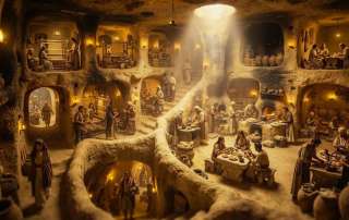 Interior of an ancient multi-level underground city in Cappadocia bustling with daily activities and illuminated by warm light and a central shaft.