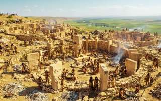 Panoramic reconstruction view of Göbeklitepe at its historical peak, showing people carving stone pillars and building enclosures in Turkey.